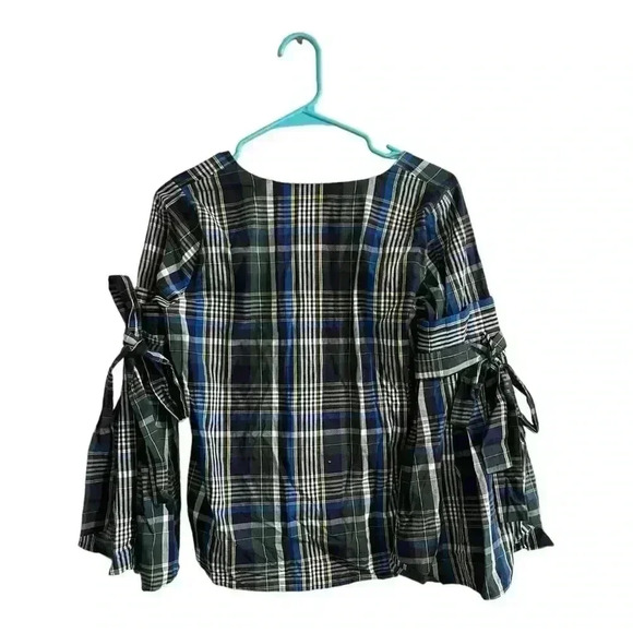 GIANNI BINI Serena Blouse Blue Checkered Bell Sleeves Sz XS NEW - Picture 7 of 8